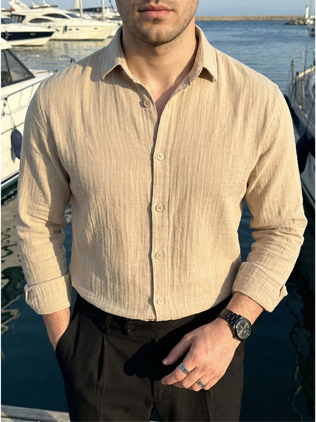 Bej Tap Erkek Oversize Pamuk Gömlek-6