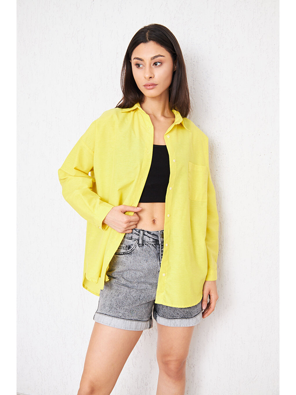 Kadın Cepli Trend Kollu Düğmeli Sarı Tunik Gömlek