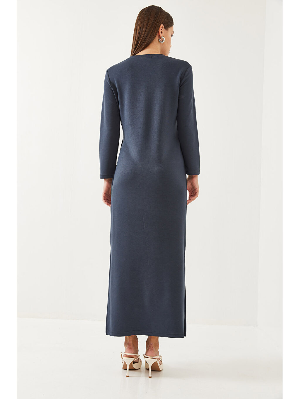 İndigo Kadın Bağlama Detaylı Modal Elbise-5