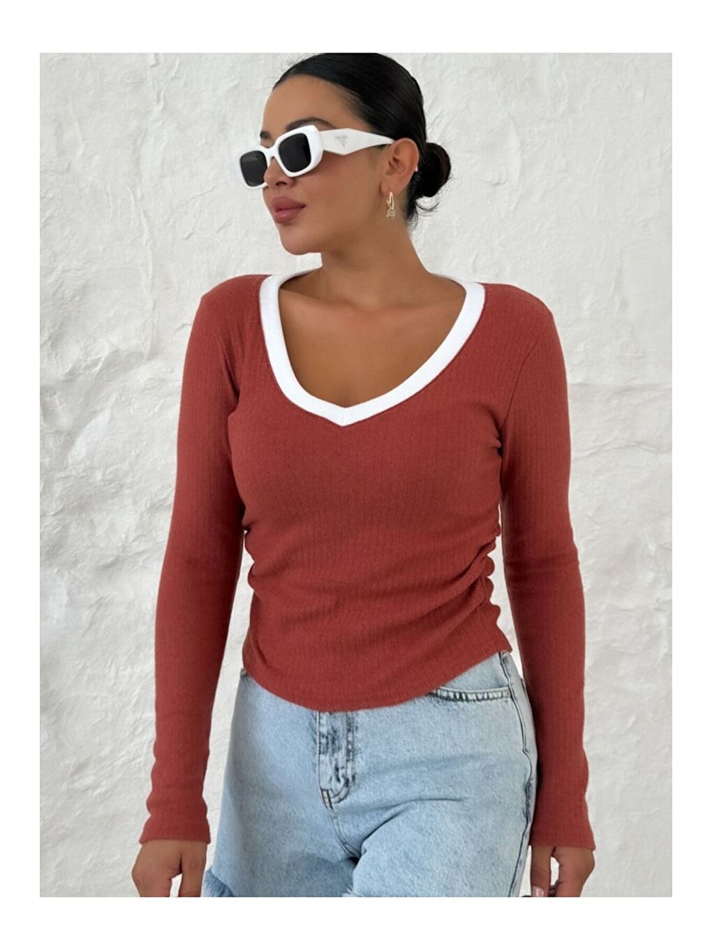 Kadın Siyah Sarı Kiremit V Yakalı Biyeli Uzun Kollu İnterlok Bluz-3