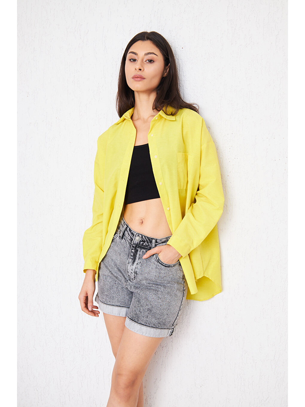 Kadın Cepli Trend Kollu Düğmeli Sarı Tunik Gömlek-1