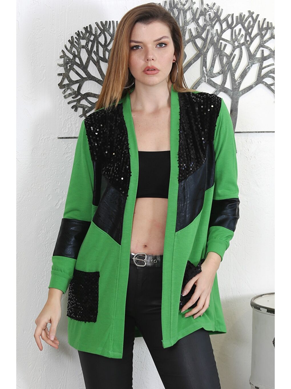 Siyah-Yeşil Kimono Yaka Uzun Kol Pullu Cepli Örme Casual Ceket-1