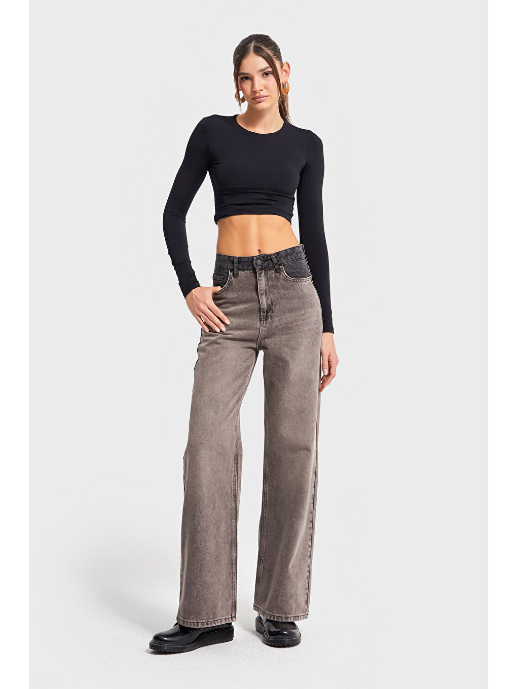 Kahverengi Kadın Taş Kahve Renk 4w5-16 Wide Leg Fit %100 Pamuk Tasarım Denim Jean-2