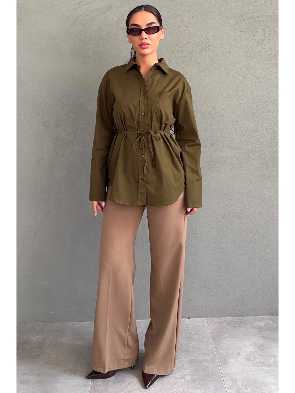 Haki Belden Bağlamalı Oversize Cepli Gömlek Mg2798-1