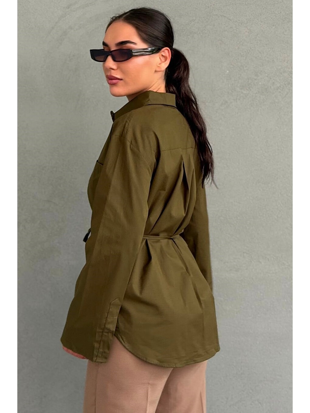 Haki Belden Bağlamalı Oversize Cepli Gömlek Mg2798-2
