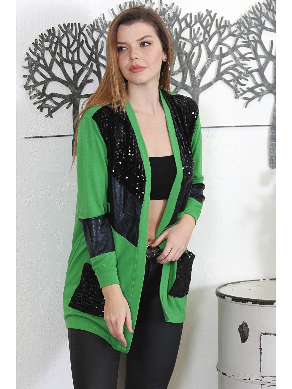 Siyah-Yeşil Kimono Yaka Uzun Kol Pullu Cepli Örme Casual Ceket-2