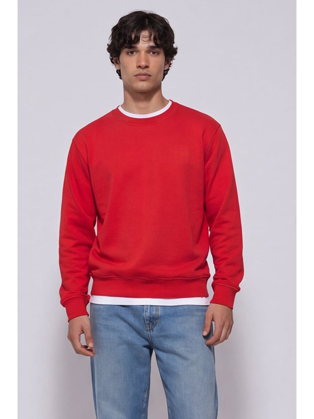 Unisex Kırmızı Normal Kesim Regular Fit %100 Pamuk Bisiklet Yaka Sweatshirt-1