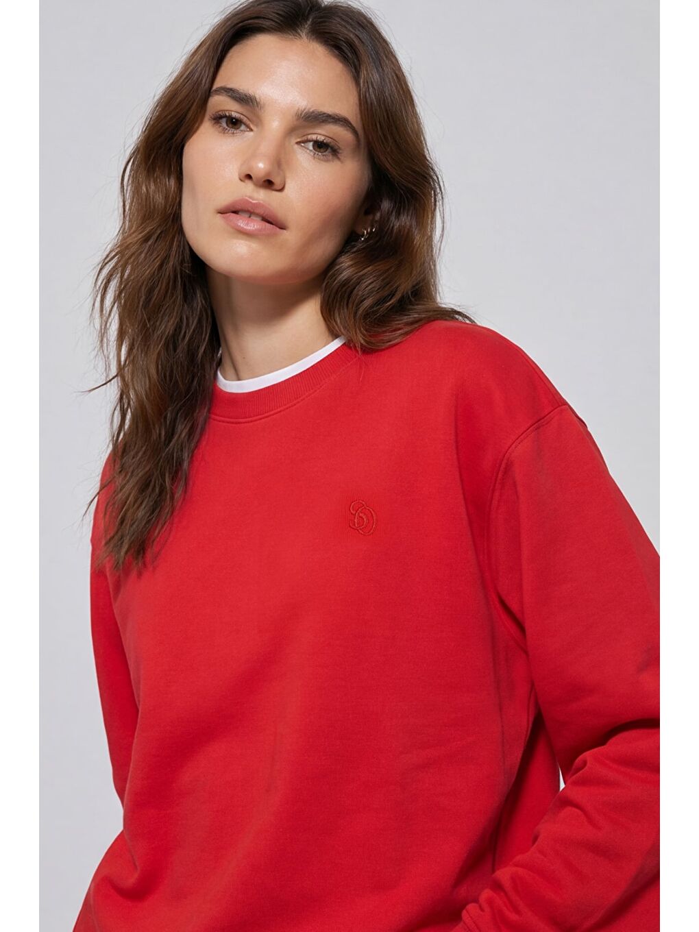 Unisex Kırmızı Normal Kesim Regular Fit %100 Pamuk Bisiklet Yaka Sweatshirt-2