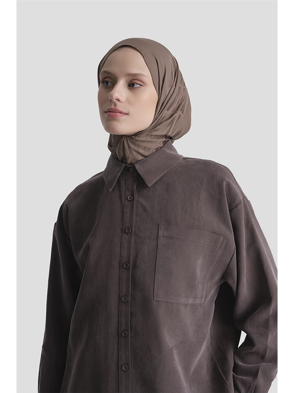 Kahverengi Düğmeli Lyocell Tunik Acı Kahve-5
