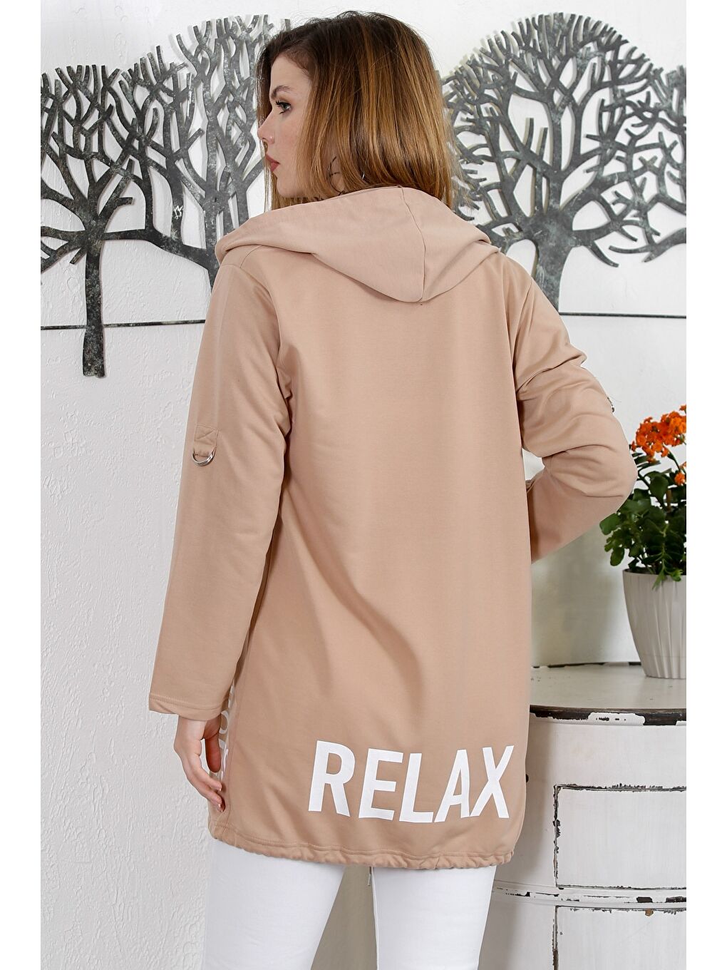 Kahverengi Camel Kapüşonlu Uzun Kol Baskılı Örme Casual Kapüşonlu Ceket-7