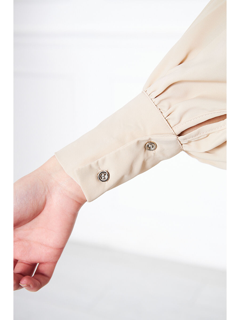 Ekru Kadın Trend Balon Kol Oversize Krem Bluz Gömlek-2