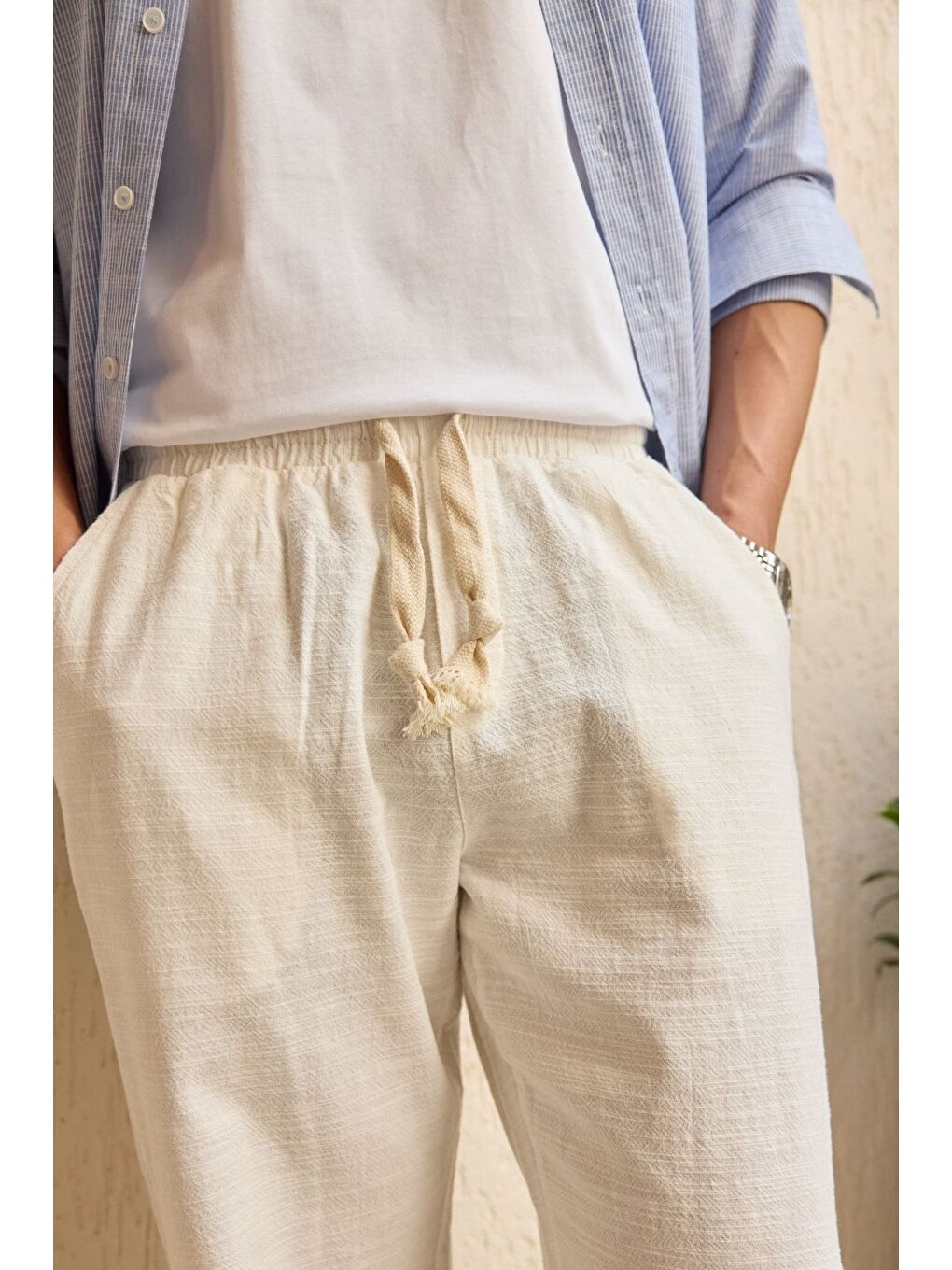 Beyaz Abay Erkek Keten İpli Baggy Pantolon-1