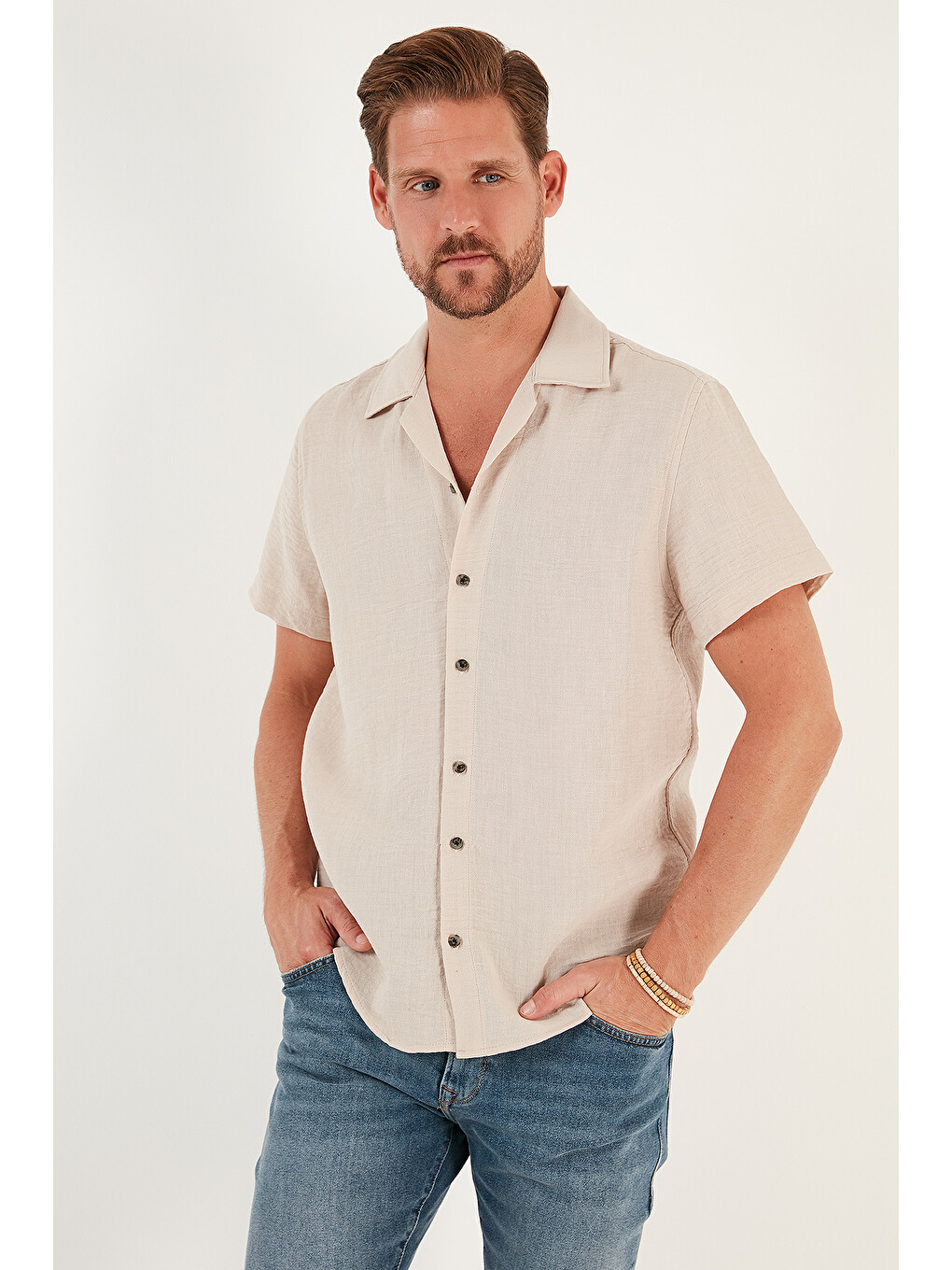 Bej Keten Görünümlü Kısa Kollu Apaş Yaka Regular Fit Gömlek Cf23s116775-5