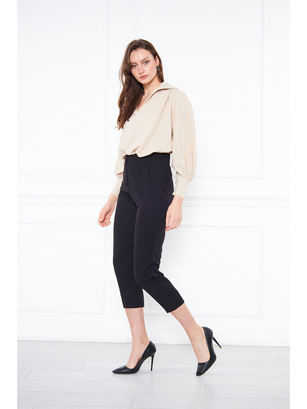 Ekru Kadın Trend Balon Kol Oversize Krem Bluz Gömlek-4