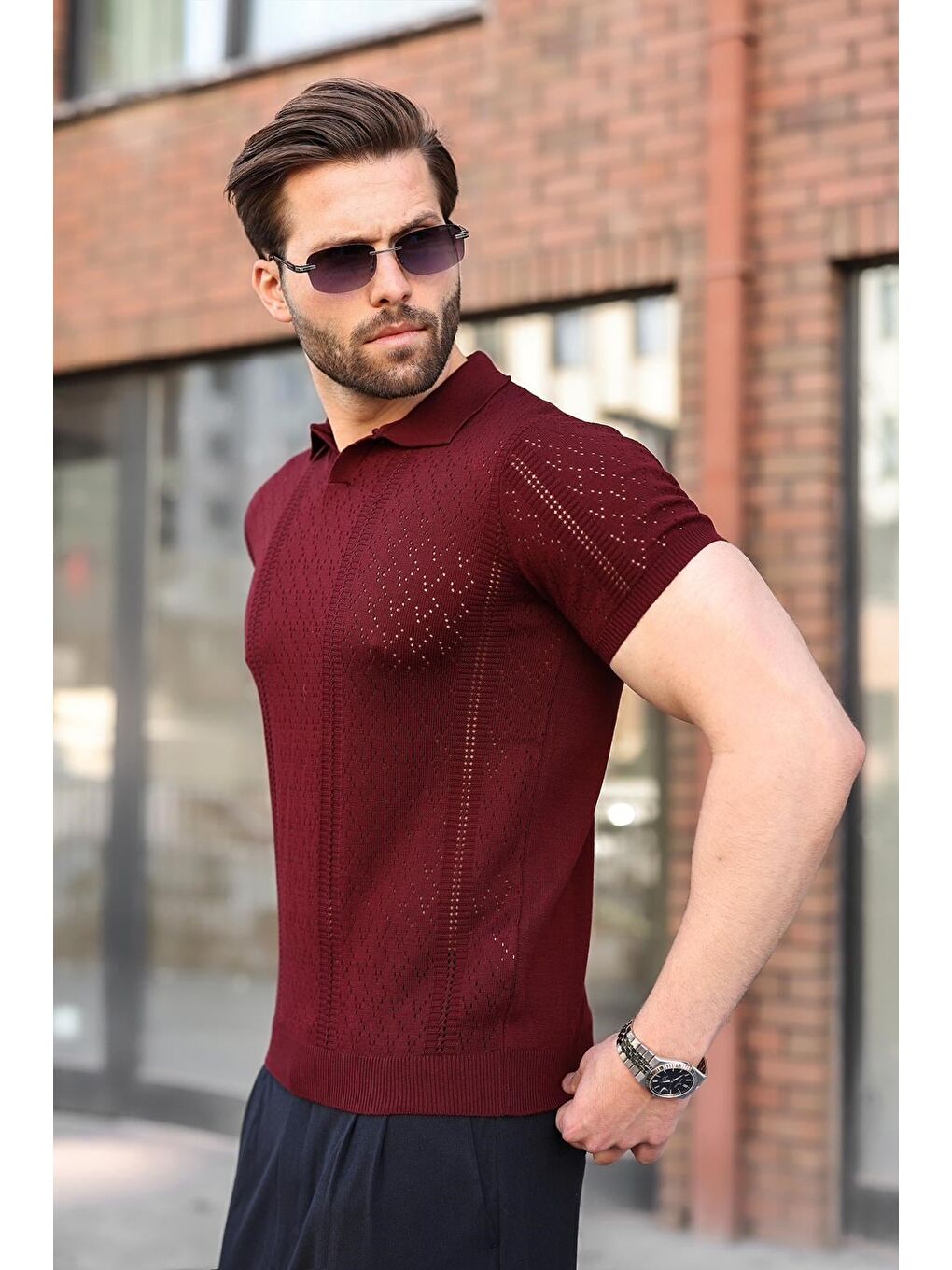 Mürdüm Delikli Polo Yaka Erkek Triko Tişört E7495-1