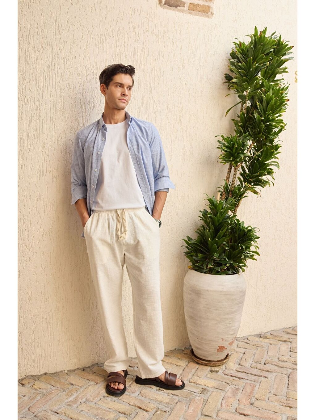 Beyaz Abay Erkek Keten İpli Baggy Pantolon-2