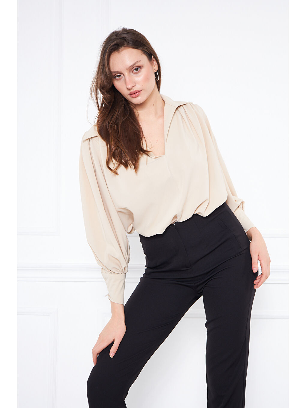 Ekru Kadın Trend Balon Kol Oversize Krem Bluz Gömlek-5