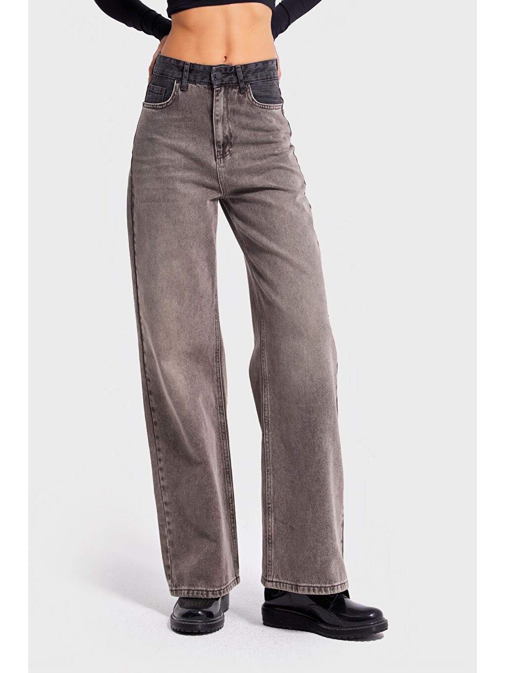 Kahverengi Kadın Taş Kahve Renk 4w5-16 Wide Leg Fit %100 Pamuk Tasarım Denim Jean-5