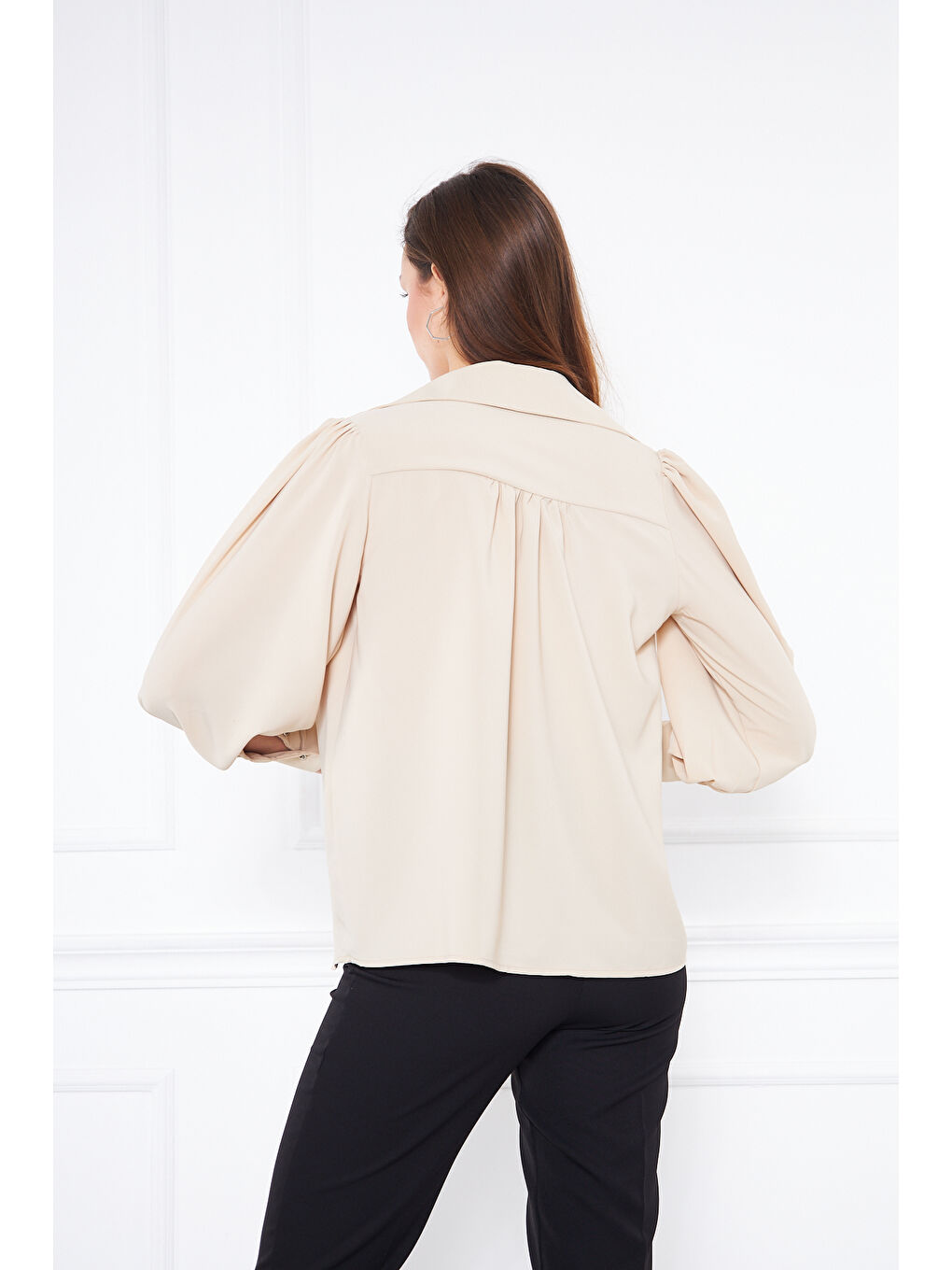 Ekru Kadın Trend Balon Kol Oversize Krem Bluz Gömlek-6