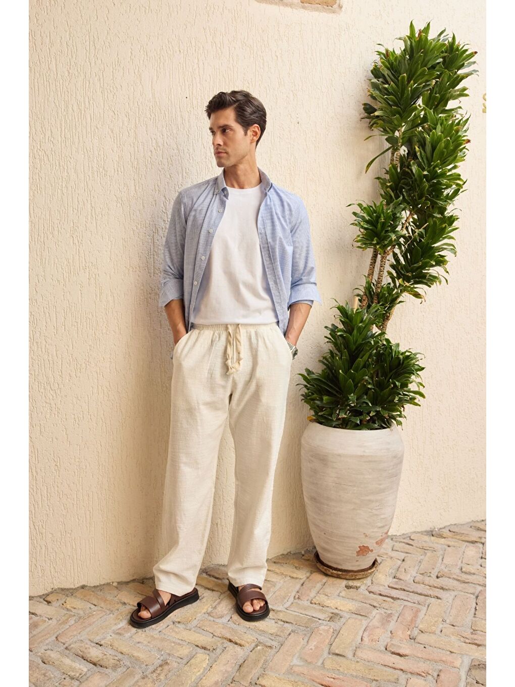 Beyaz Abay Erkek Keten İpli Baggy Pantolon-3