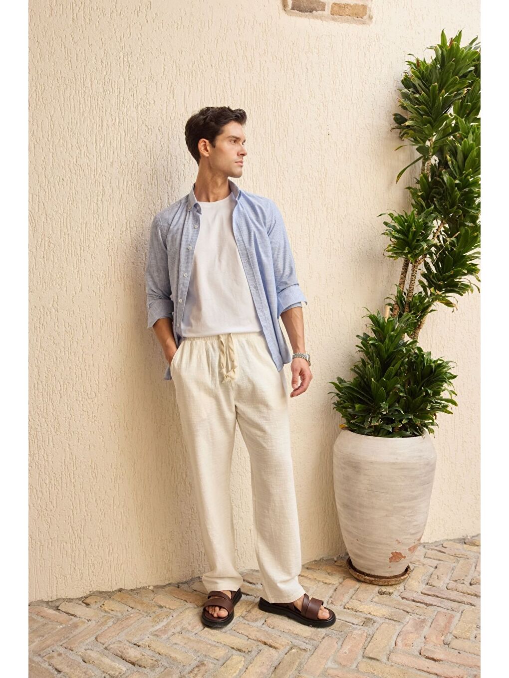 Beyaz Abay Erkek Keten İpli Baggy Pantolon-4