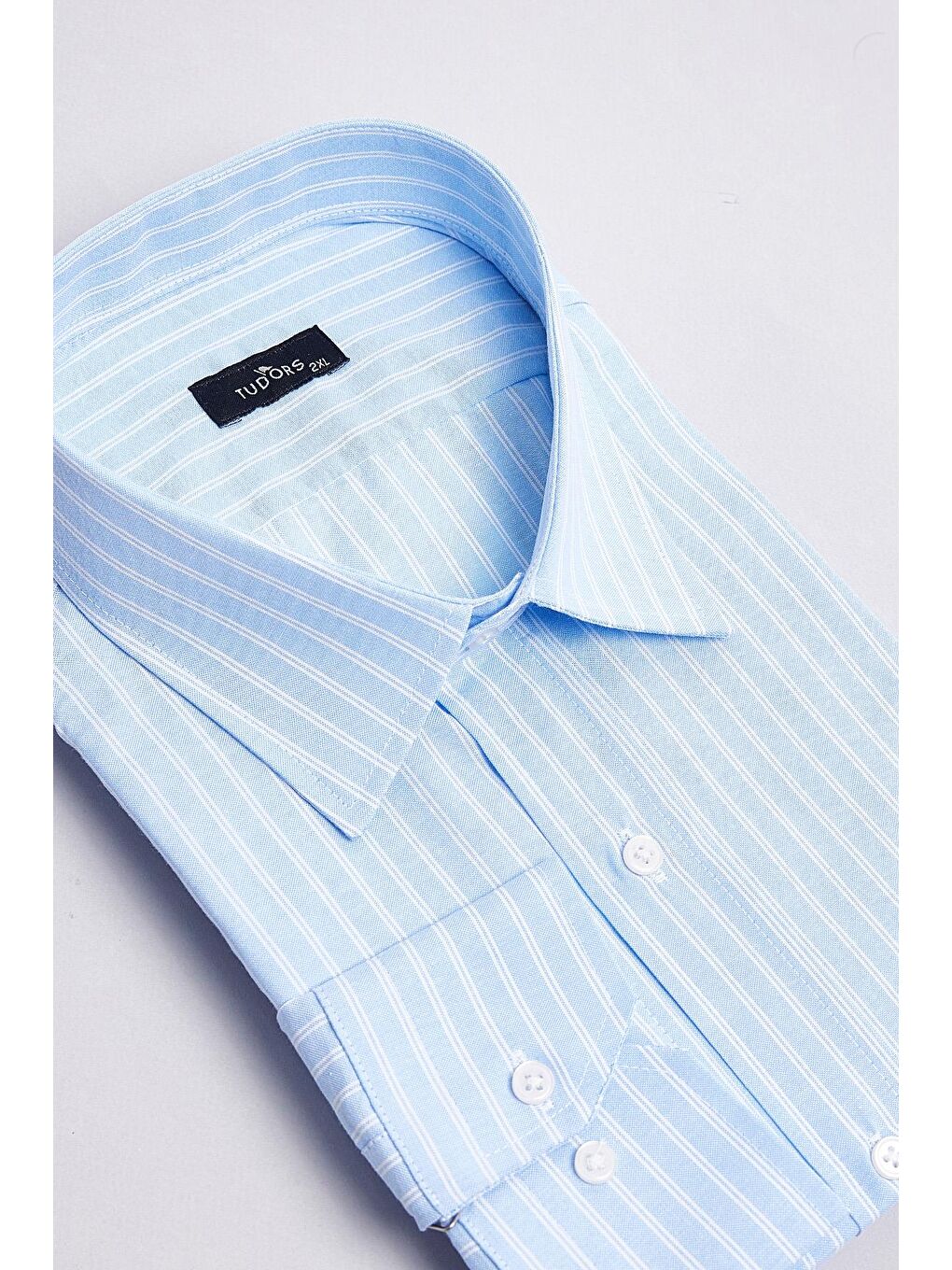 Erkek  Kravatlık Yaka Çizgili Tek Cepli Mavi Büyük Beden Gömlek-2