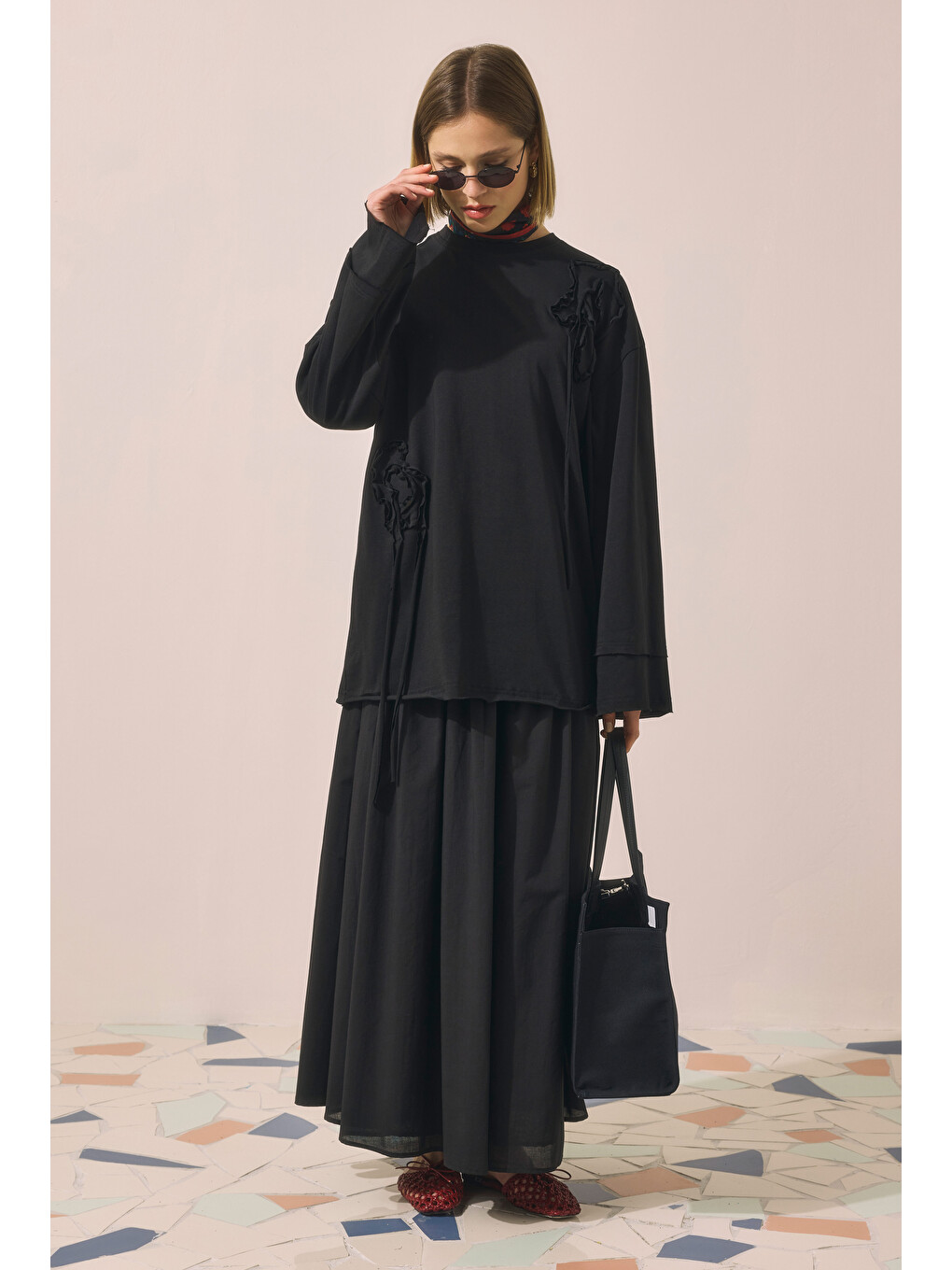 Kabartma Nakışlı Sweat Siyah-4