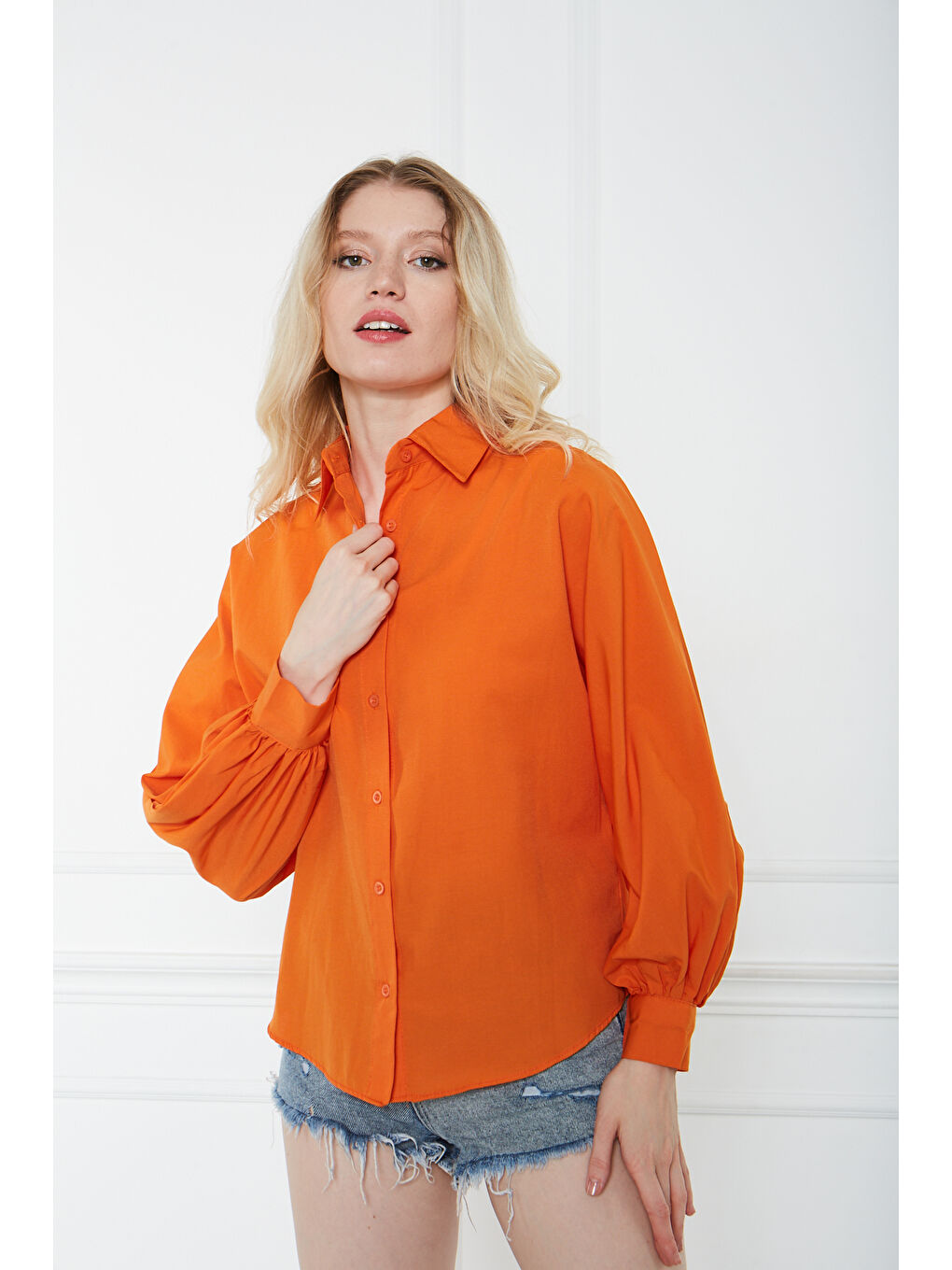 Kadın Trend Balon Kol Düğmeli Basic Turuncu Tunik Gömlek