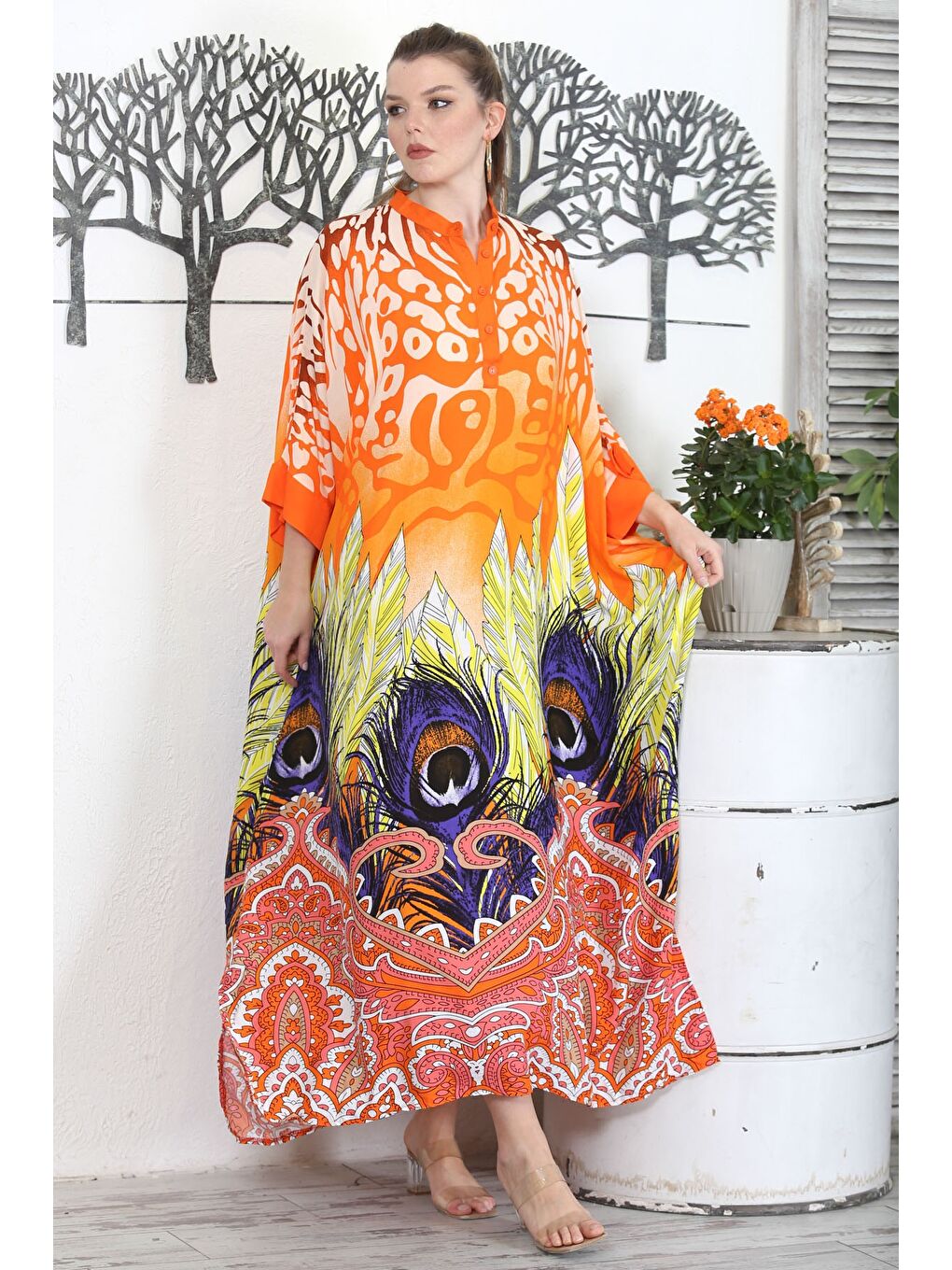 Turuncu Hakim Yaka 3/4 Kol Düğmeli Yırtmaçlı Allover Baskılı Casual Dokuma Elbise-1