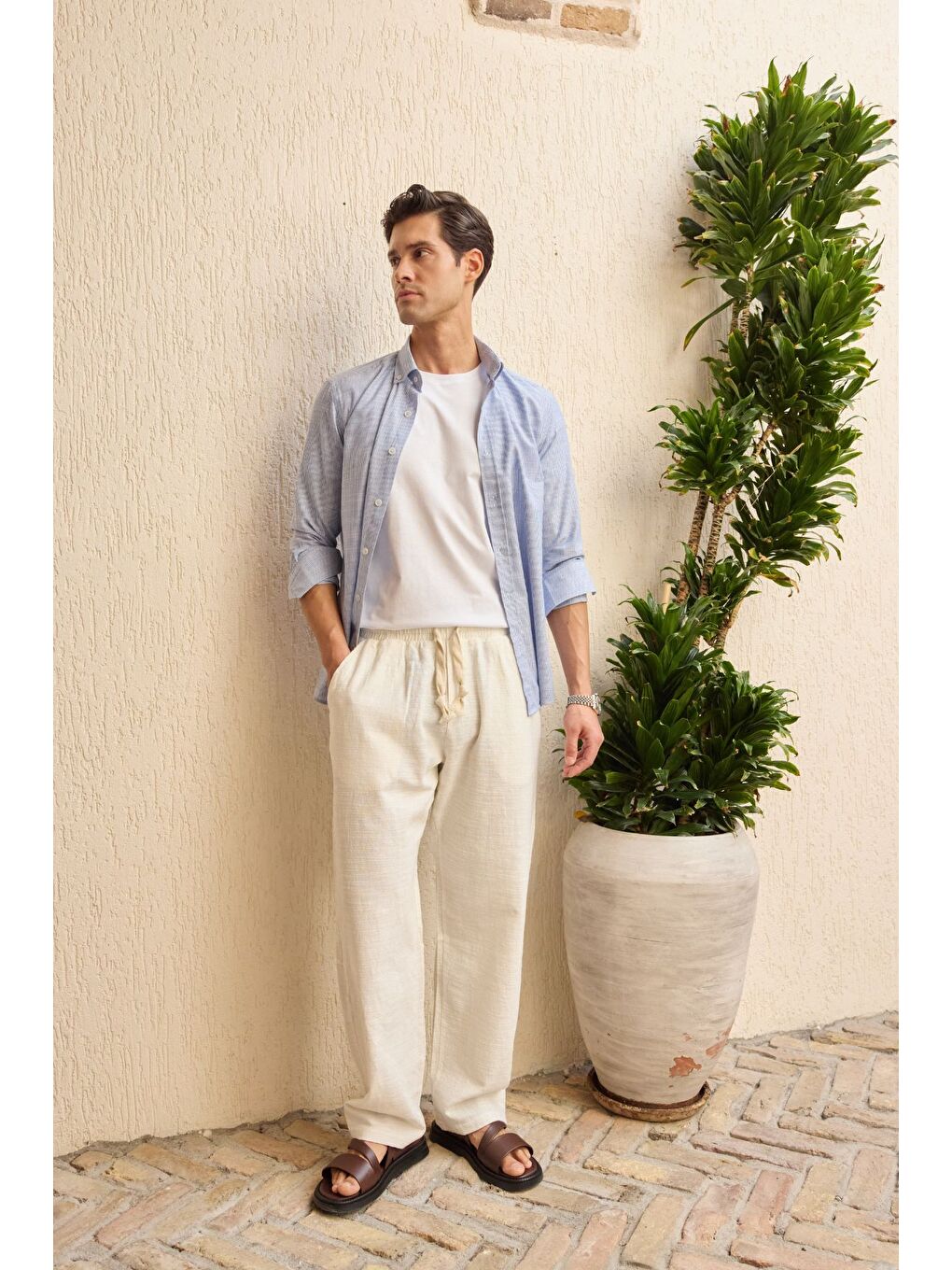 Beyaz Abay Erkek Keten İpli Baggy Pantolon-5