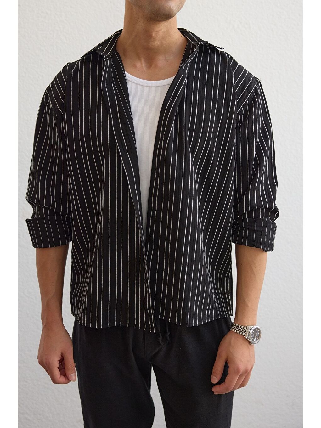 Siyah Tugur Erkek Çizgili Oversize Premium Gömlek Soft Touch Refined Comfort