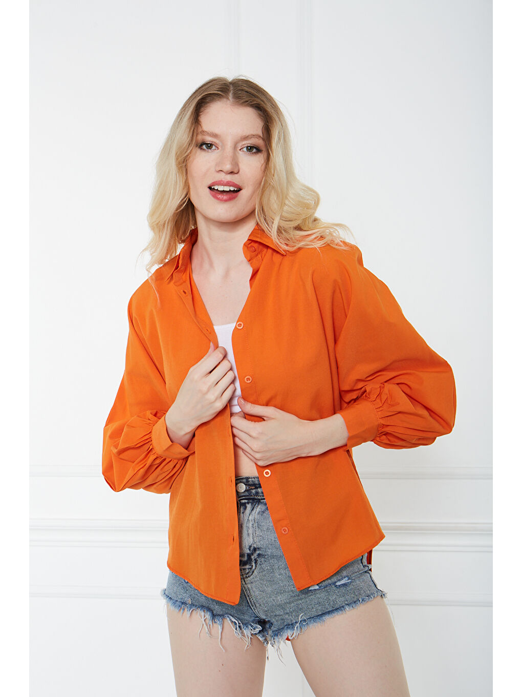 Kadın Trend Balon Kol Düğmeli Basic Turuncu Tunik Gömlek-1