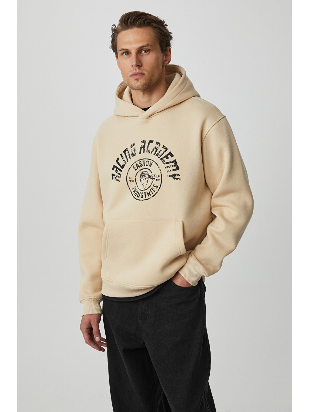Edgar Erkek %75 Pamuk %25 Polyester Yumuşacık Kapüşonlu Oversize Bej Sweatshirt-1