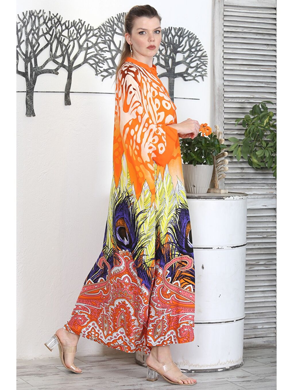 Turuncu Hakim Yaka 3/4 Kol Düğmeli Yırtmaçlı Allover Baskılı Casual Dokuma Elbise-2