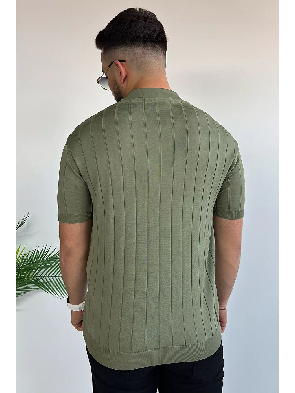 Haki Polo Yaka Yarım Fermuarlı Erkek Triko Tişört-3