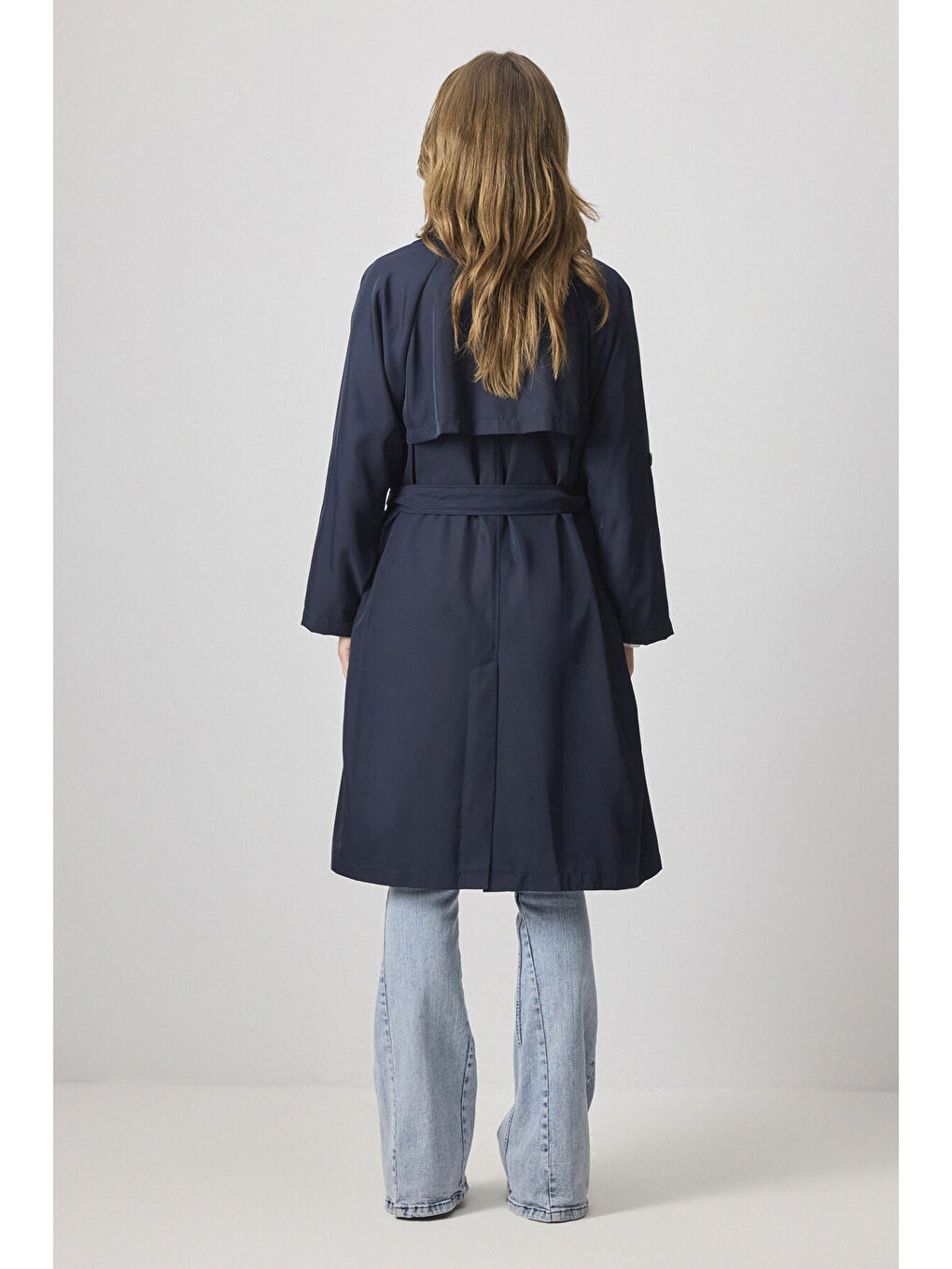 Lacivert Kuşaklı Kruvaze Trençkot-4