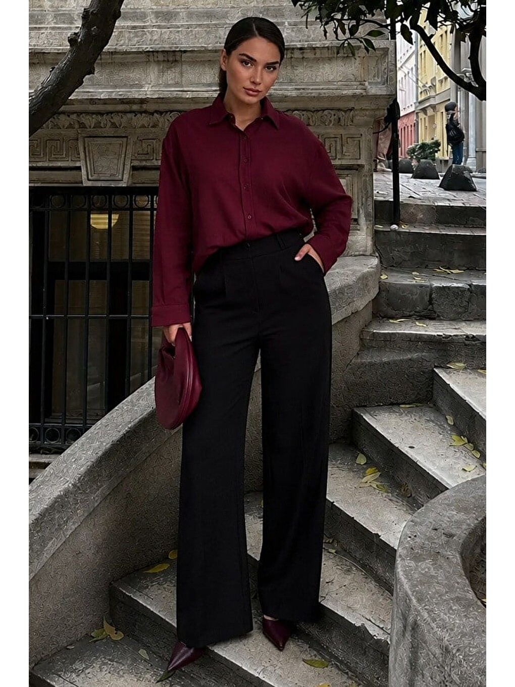 Bordo Keten Kadın Gömlek Mg2797