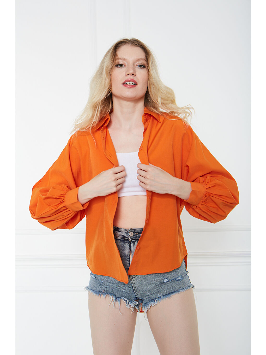 Kadın Trend Balon Kol Düğmeli Basic Turuncu Tunik Gömlek-2