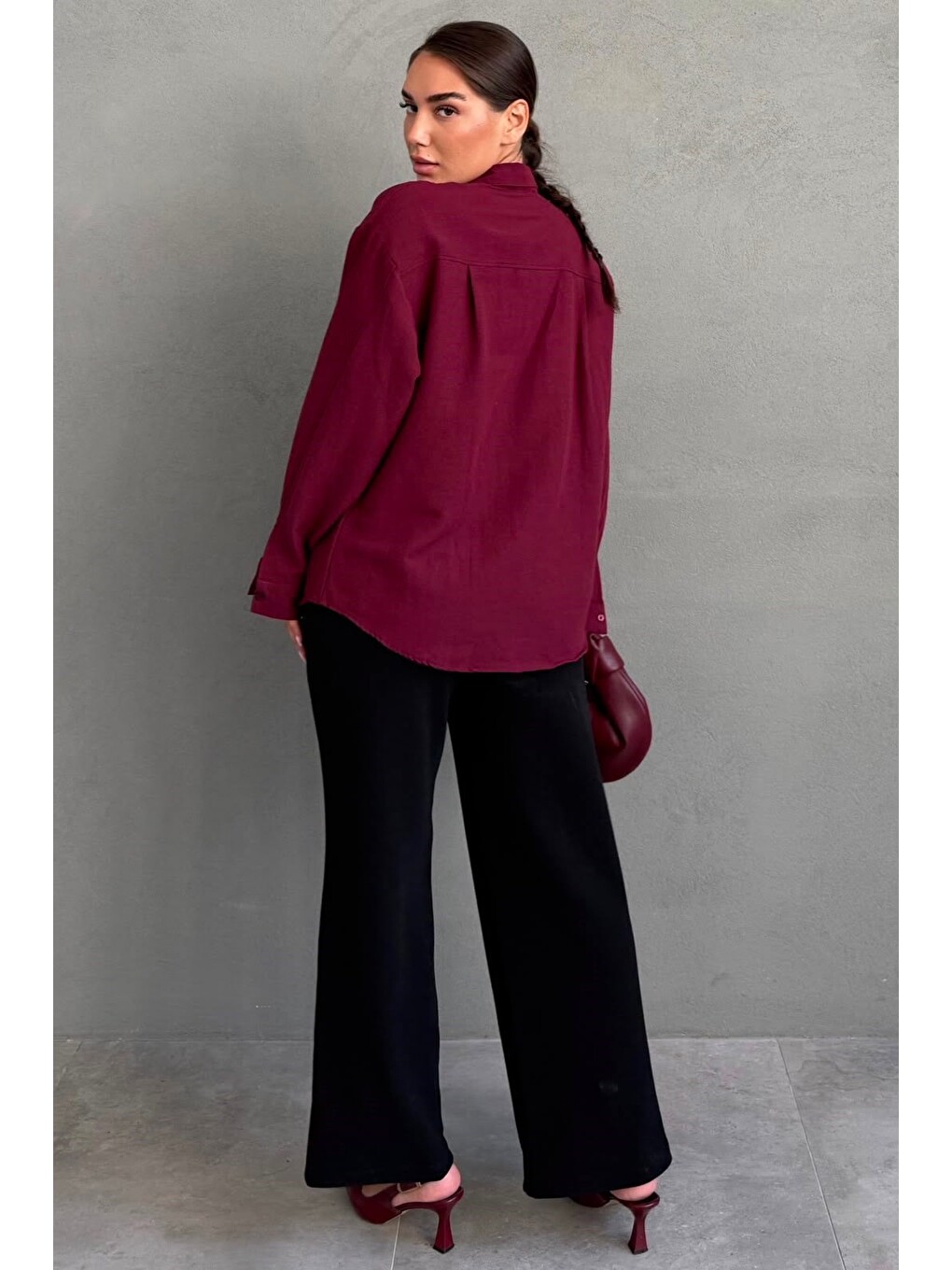 Bordo Keten Kadın Gömlek Mg2797-1