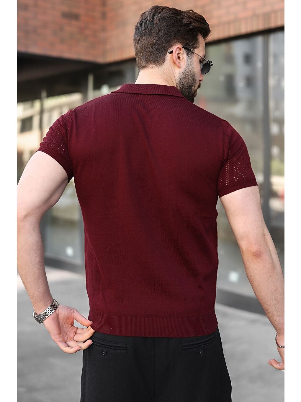 Mürdüm Delikli Polo Yaka Erkek Triko Tişört E7495-3