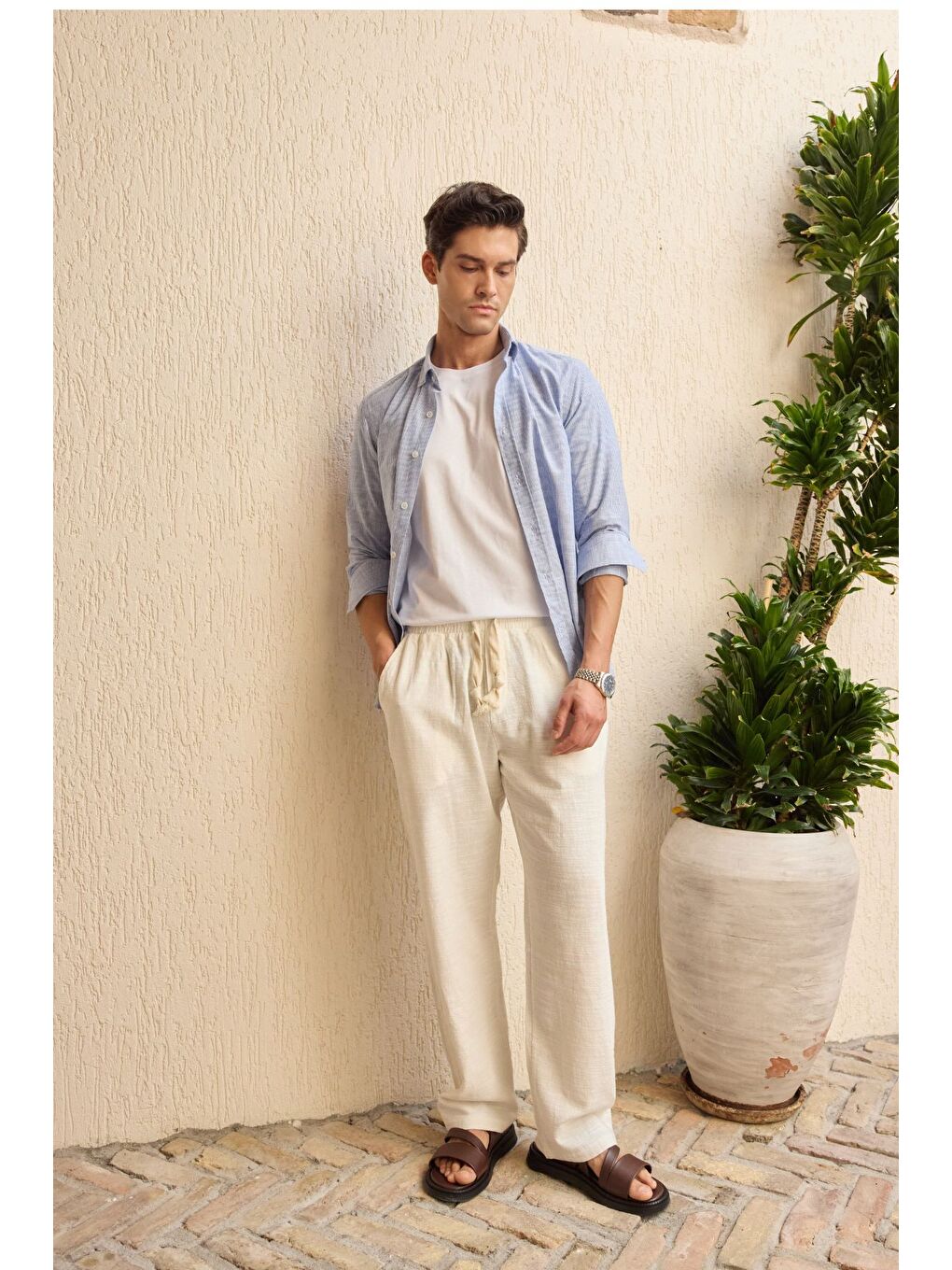 Beyaz Abay Erkek Keten İpli Baggy Pantolon-6