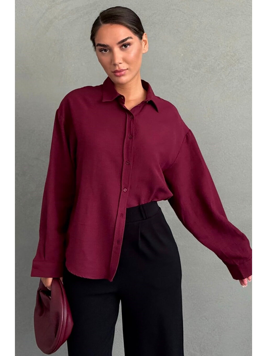 Bordo Keten Kadın Gömlek Mg2797-2