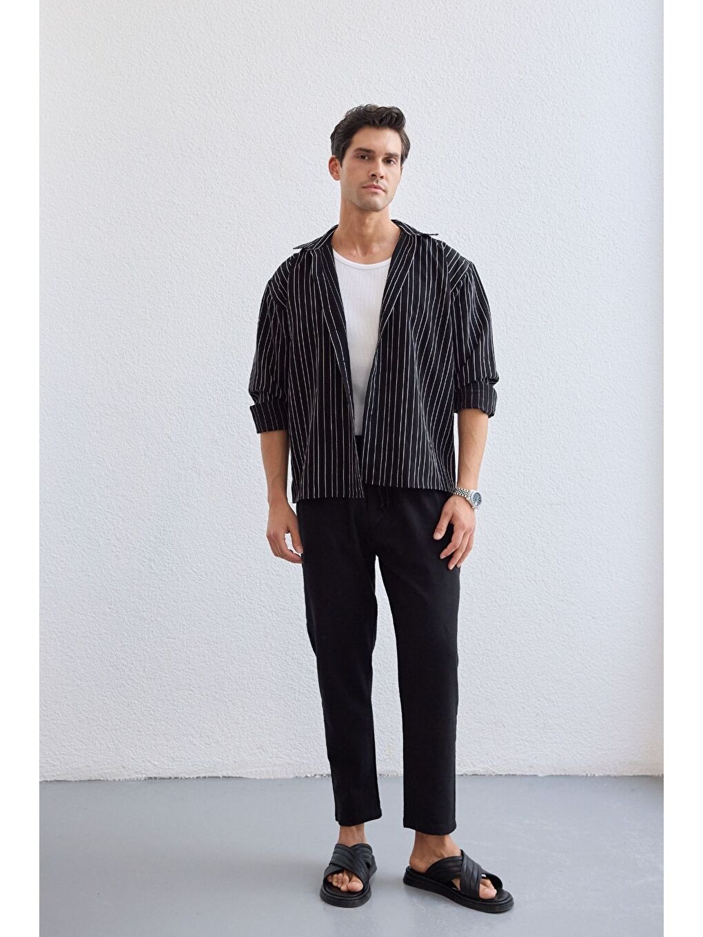 Siyah Tugur Erkek Çizgili Oversize Premium Gömlek Soft Touch Refined Comfort-1