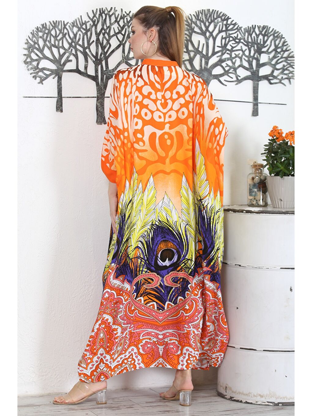 Turuncu Hakim Yaka 3/4 Kol Düğmeli Yırtmaçlı Allover Baskılı Casual Dokuma Elbise-4