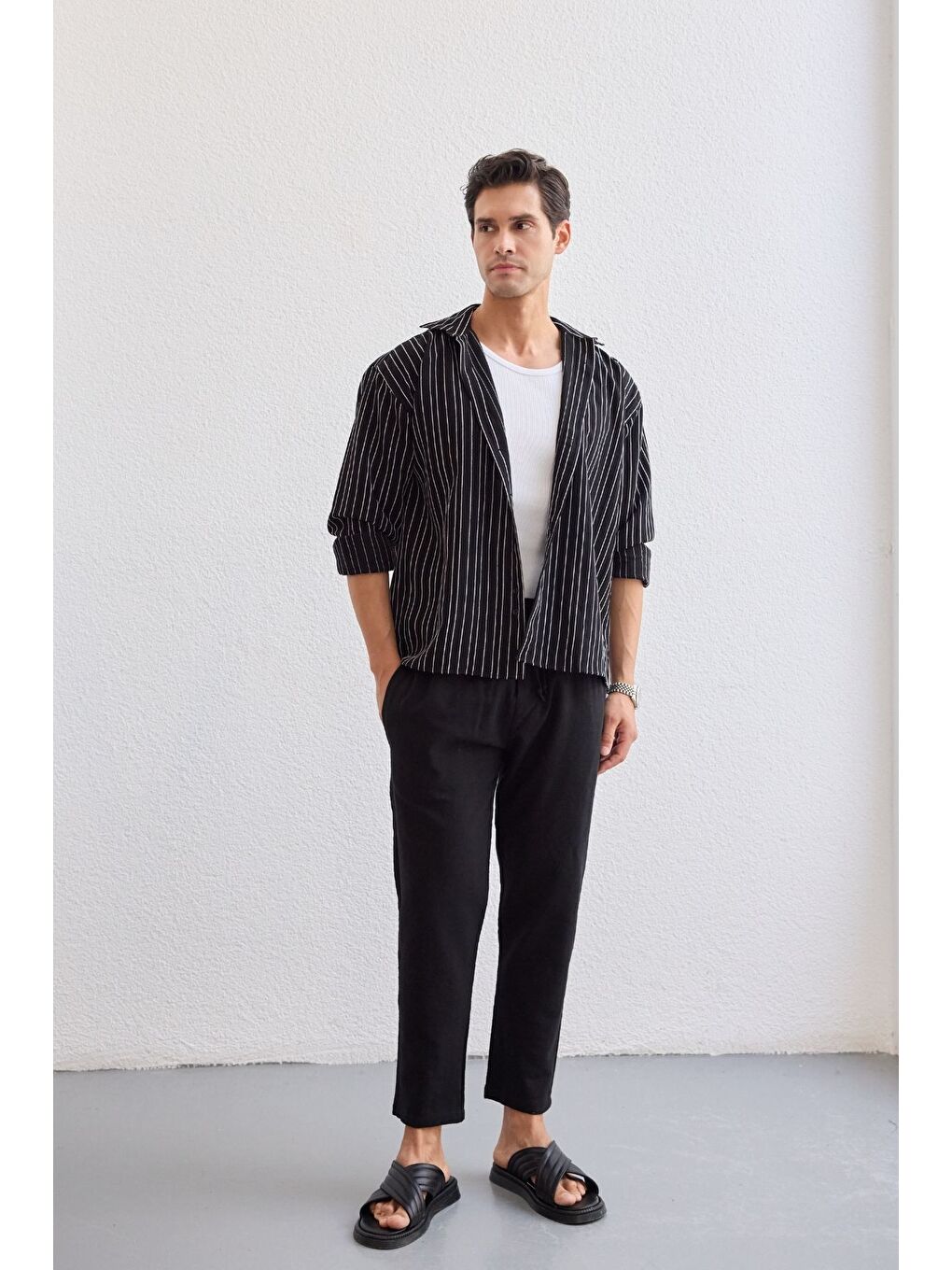 Siyah Tugur Erkek Çizgili Oversize Premium Gömlek Soft Touch Refined Comfort-2