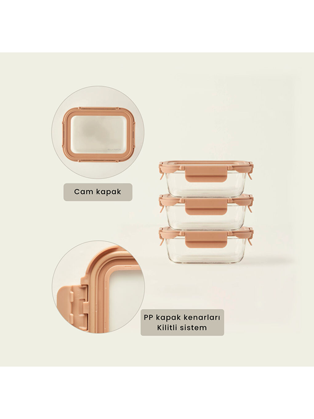 Terra 3'lü Cam Saklama Kabı Seti Bej (1050 cc)-1