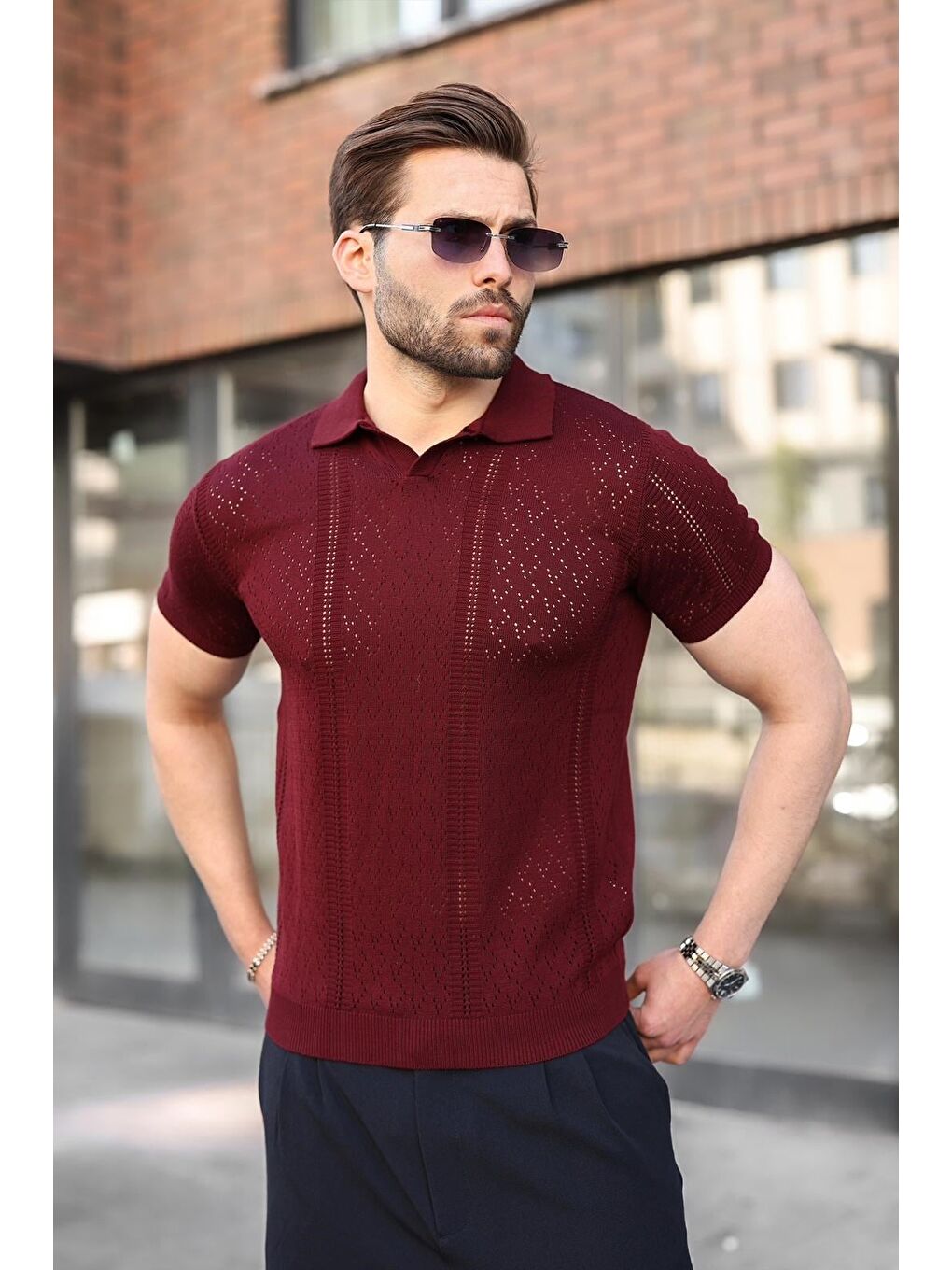Mürdüm Delikli Polo Yaka Erkek Triko Tişört E7495-4