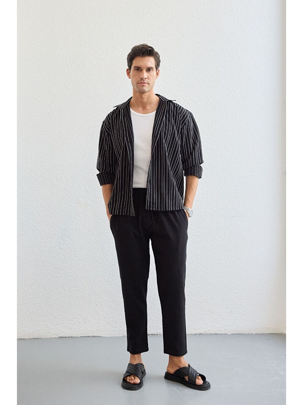 Siyah Tugur Erkek Çizgili Oversize Premium Gömlek Soft Touch Refined Comfort-3