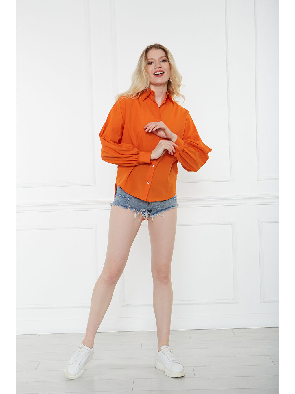 Kadın Trend Balon Kol Düğmeli Basic Turuncu Tunik Gömlek-5