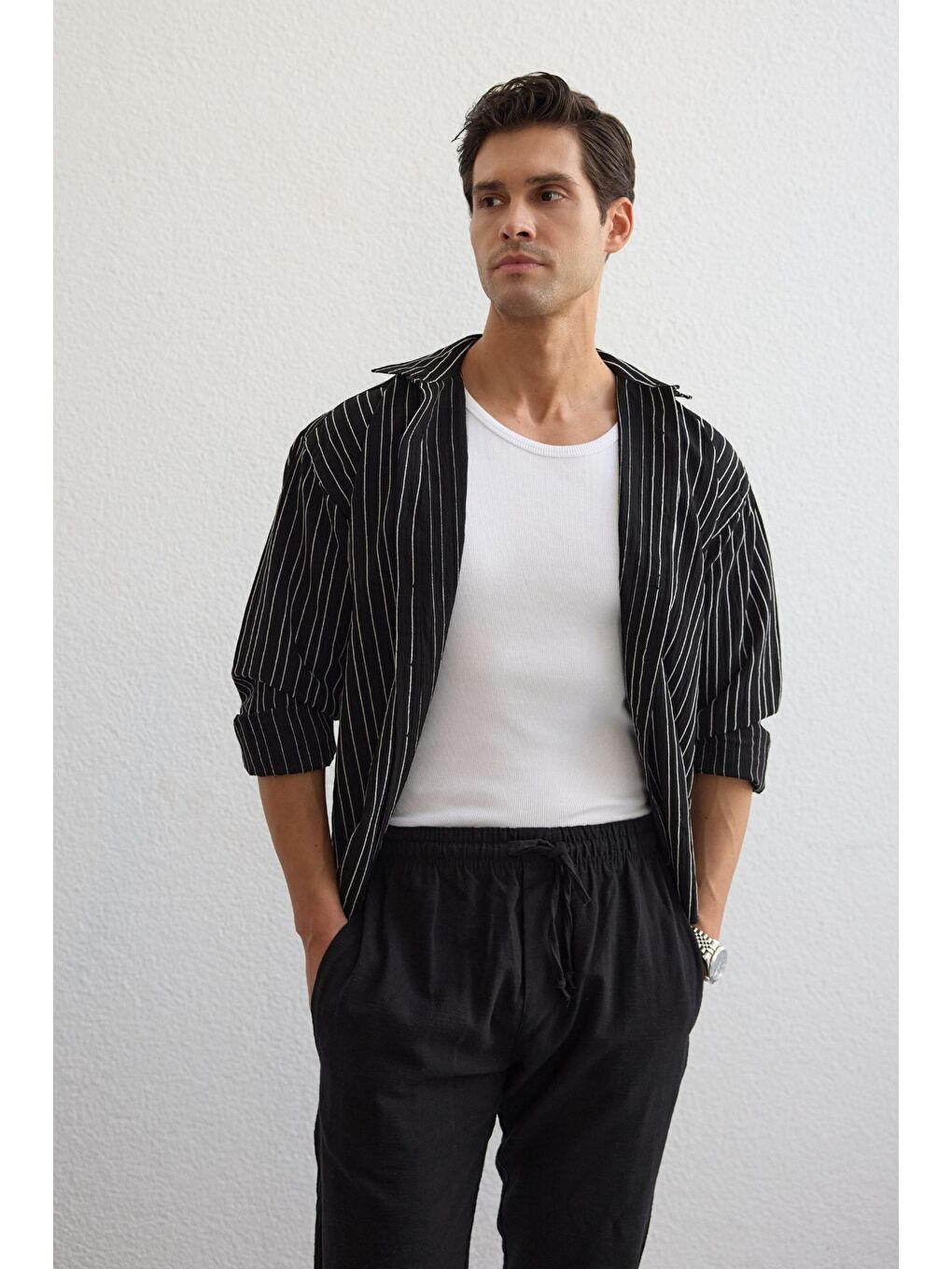 Siyah Tugur Erkek Çizgili Oversize Premium Gömlek Soft Touch Refined Comfort-4